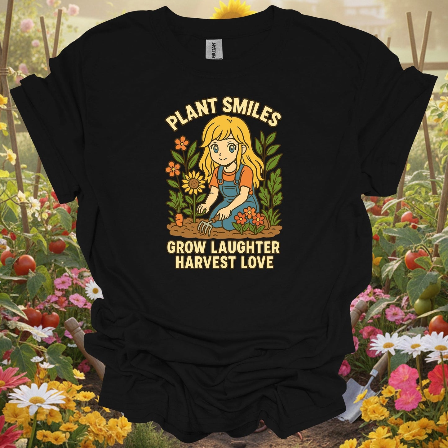 Black top showing plant smiles grow laughter harvest love anime for nature lovers