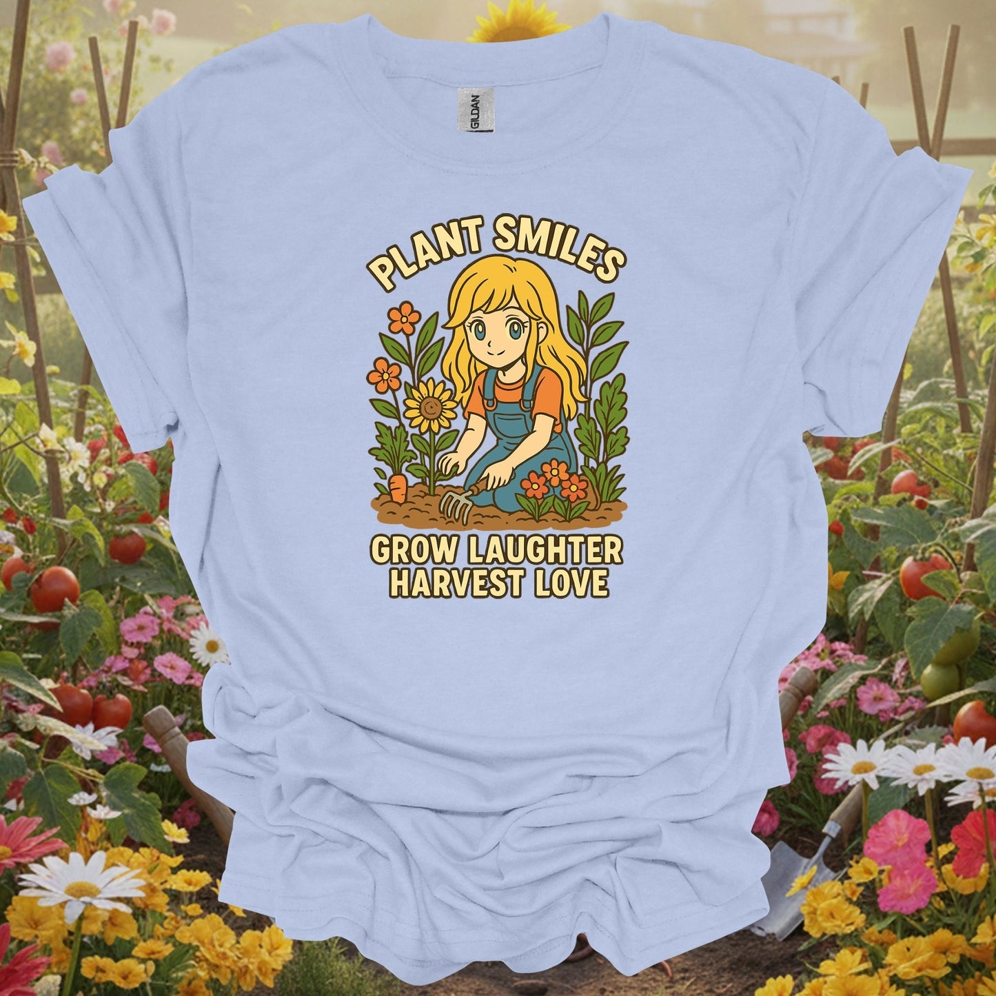 Light Blue shirt showing plant smiles grow laughter harvest love anime for home gardeners