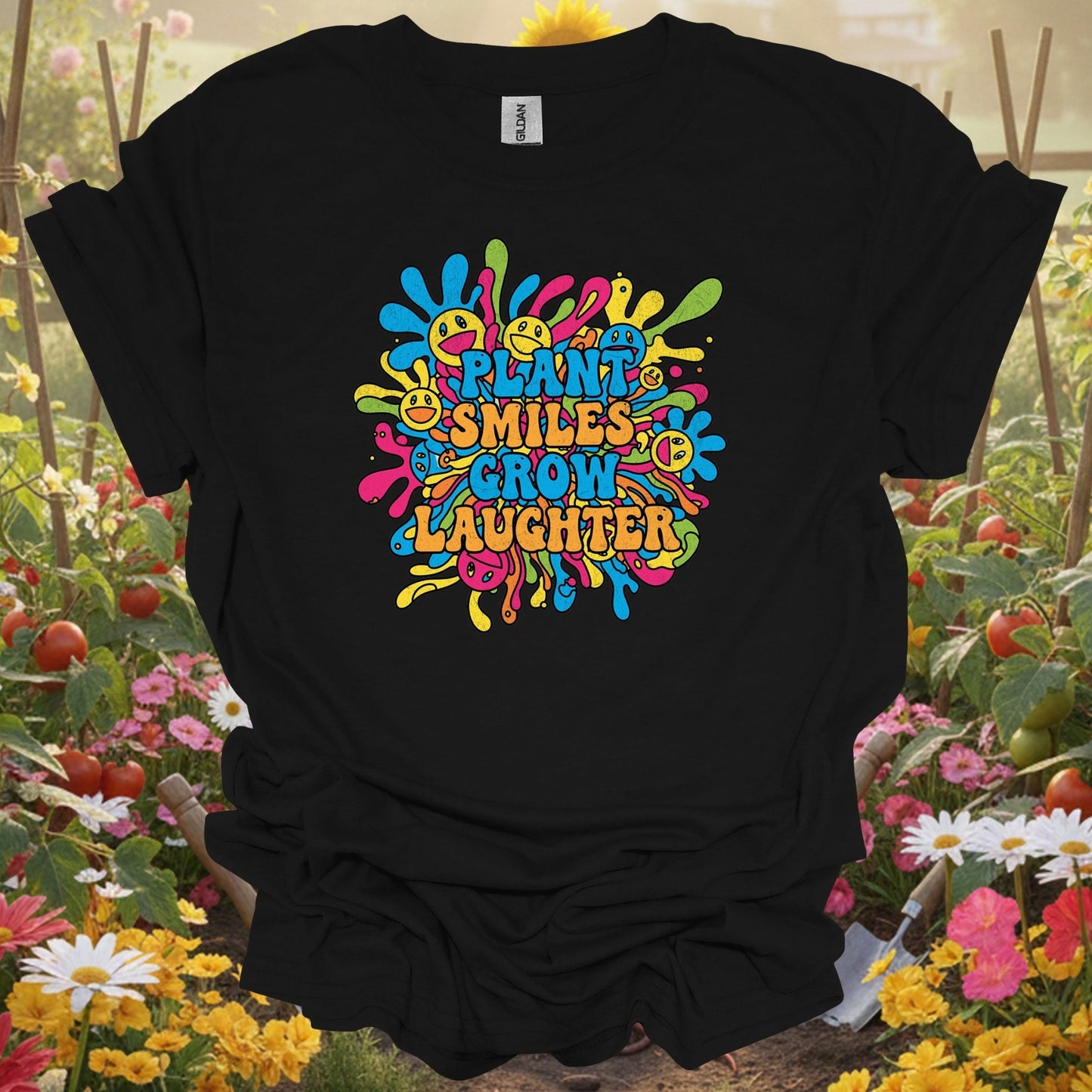 "Plant Smiles, Grow Laughter" Psychedelic Groovy Flower Power Positive Slogan Tee - GardeningTshirts
