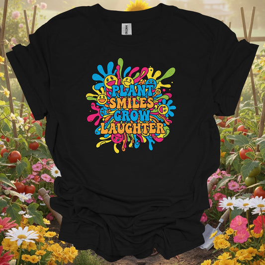 "Plant Smiles, Grow Laughter" Psychedelic Groovy Flower Power Positive Slogan Tee - GardeningTshirts