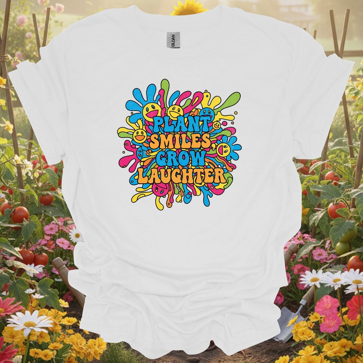 "Plant Smiles, Grow Laughter" Psychedelic Groovy Flower Power Positive Slogan Tee - GardeningTshirts