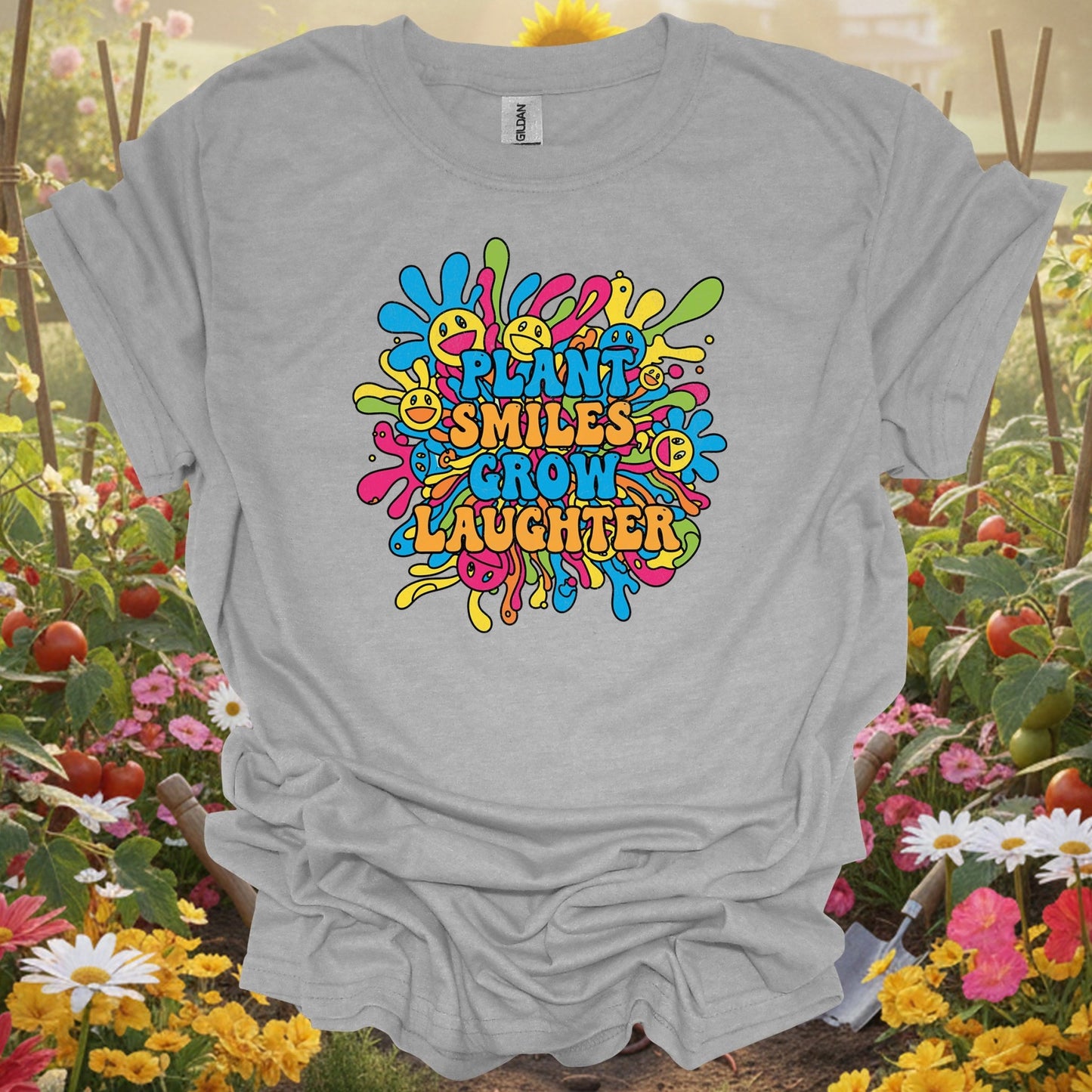 "Plant Smiles, Grow Laughter" Psychedelic Groovy Flower Power Positive Slogan Tee - GardeningTshirts