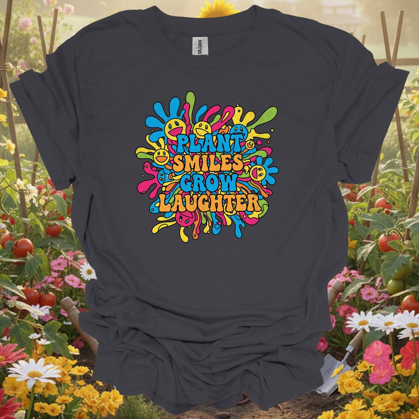 "Plant Smiles, Grow Laughter" Psychedelic Groovy Flower Power Positive Slogan Tee - GardeningTshirts
