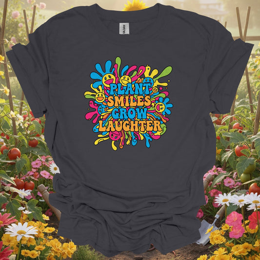"Plant Smiles, Grow Laughter" Psychedelic Groovy Flower Power Positive Slogan Tee - GardeningTshirts