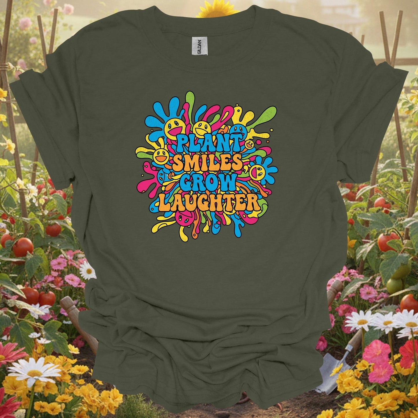"Plant Smiles, Grow Laughter" Psychedelic Groovy Flower Power Positive Slogan Tee - GardeningTshirts
