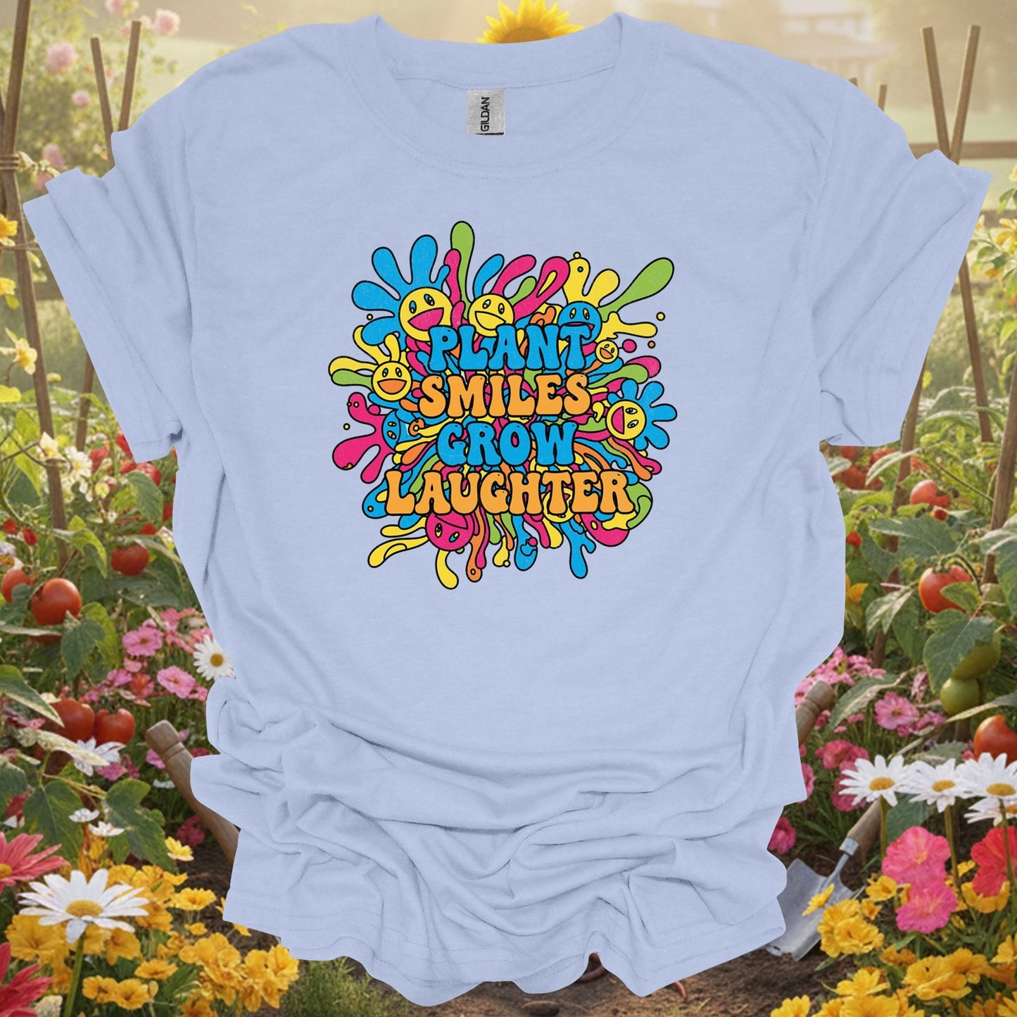 "Plant Smiles, Grow Laughter" Psychedelic Groovy Flower Power Positive Slogan Tee - GardeningTshirts