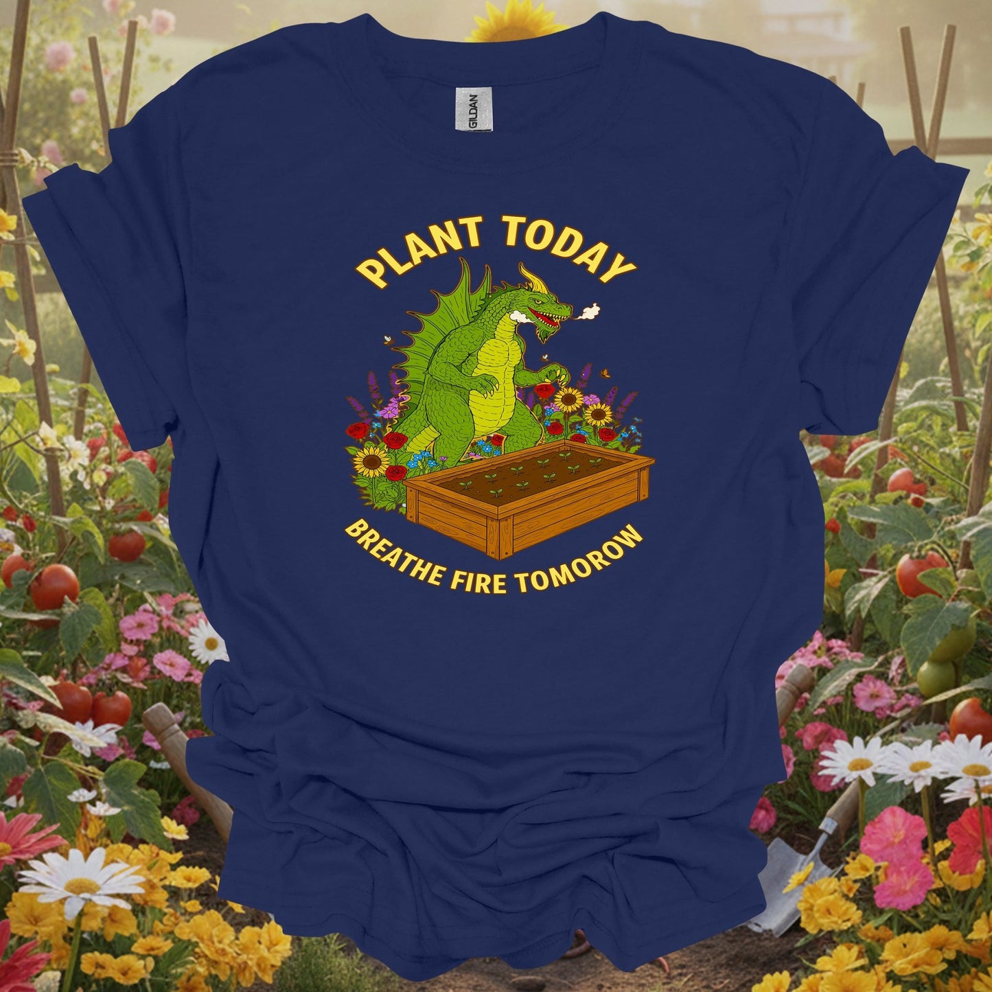 Navy top showing plant today breathe fire tomorrow dragon for imaginative gardeners
