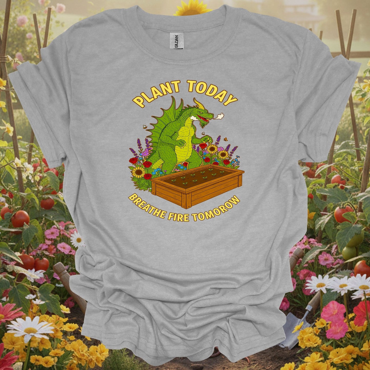 Sport gray tee showing plant today breathe fire tomorrow dragon for mythical garden keepers