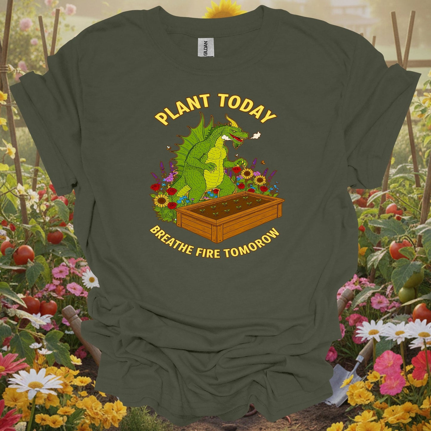 Military green tshirt showing plant today breathe fire tomorrow dragon for fantasy enthusiasts