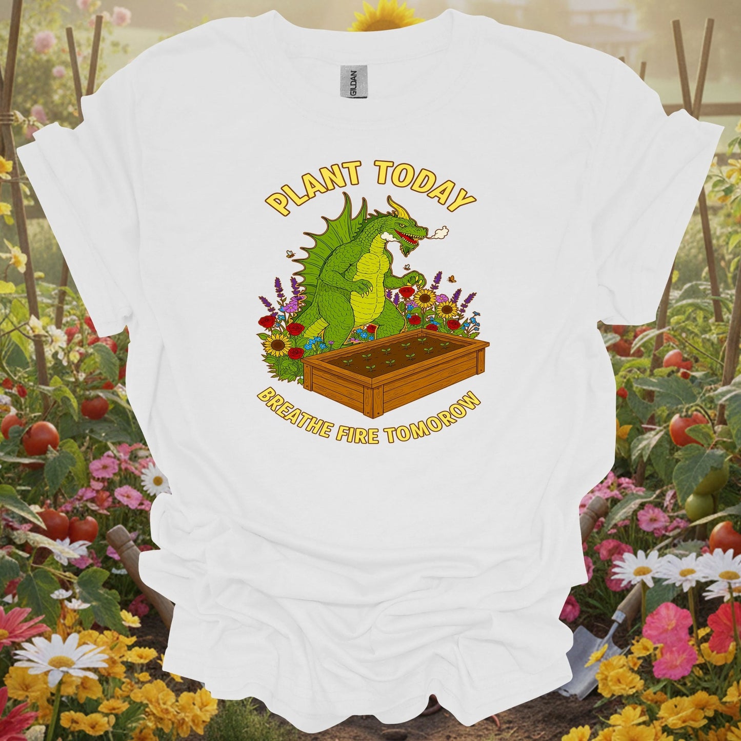 White shirt showing plant today breathe fire tomorrow dragon for dragon enthusiasts