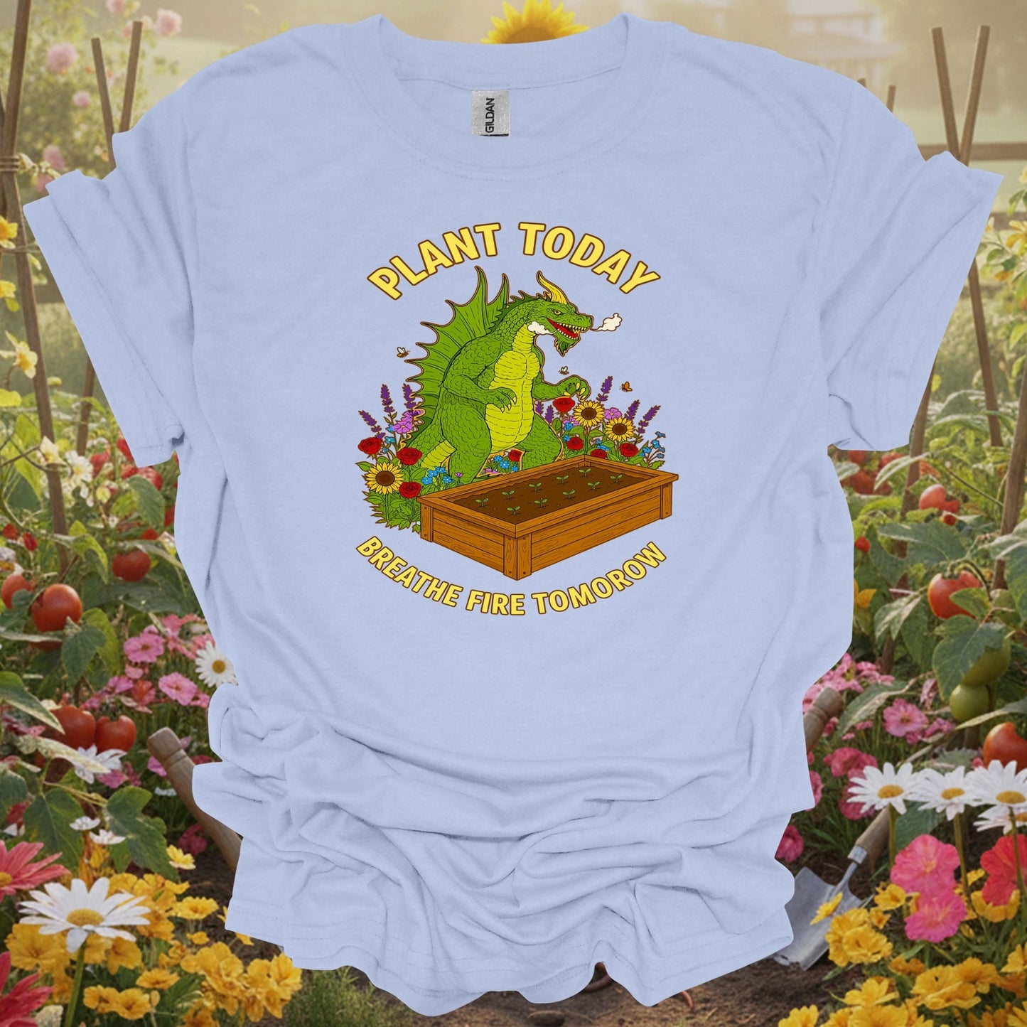 LIght blue shirt showing plant today breathe fire tomorrow dragon for mythical creature fans