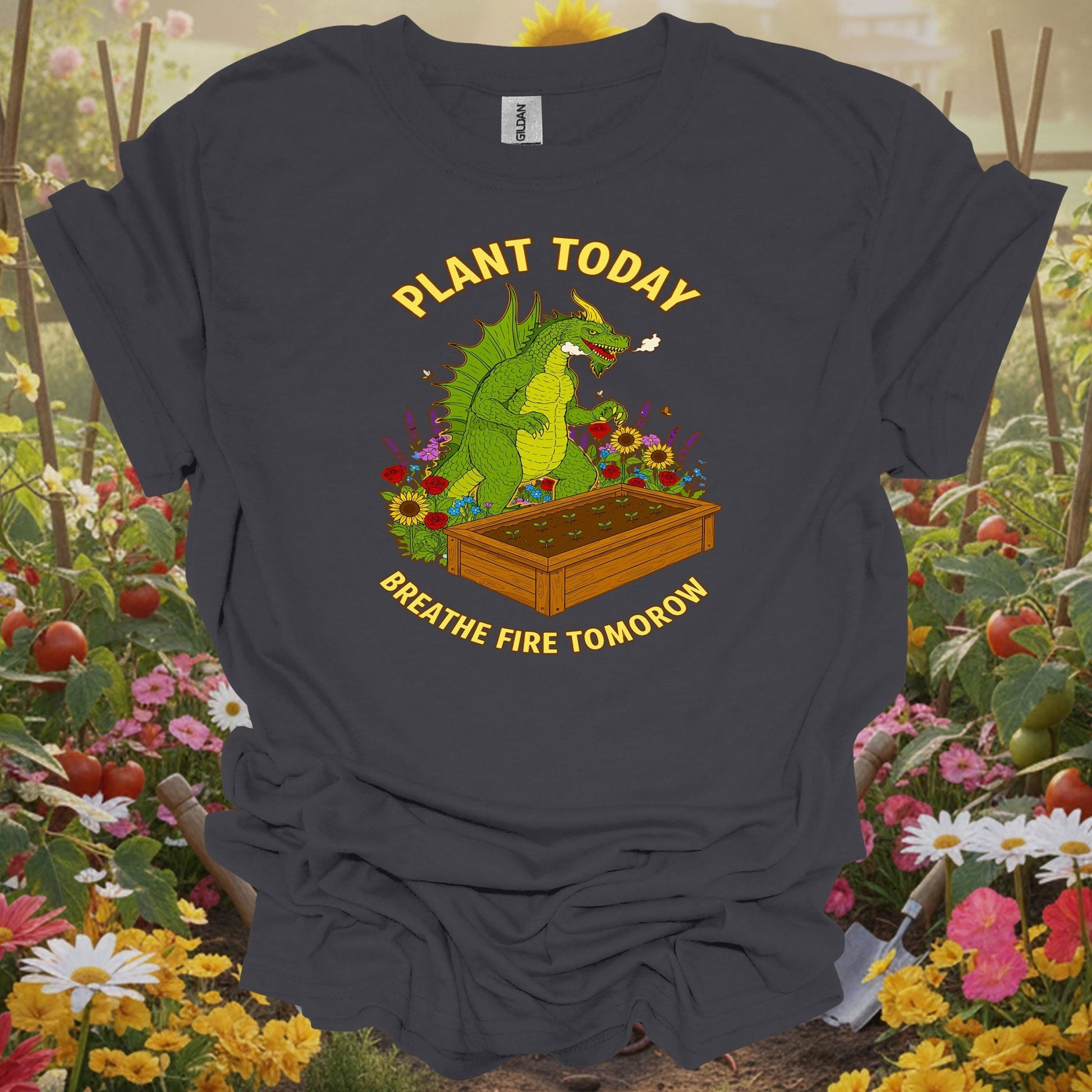 Charcoal tee showing plant today breathe fire tomorrow dragon for dragon lovers