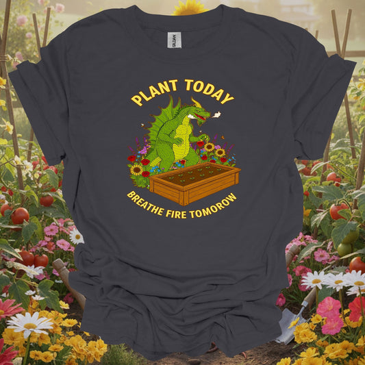 Charcoal tee showing plant today breathe fire tomorrow dragon for dragon lovers