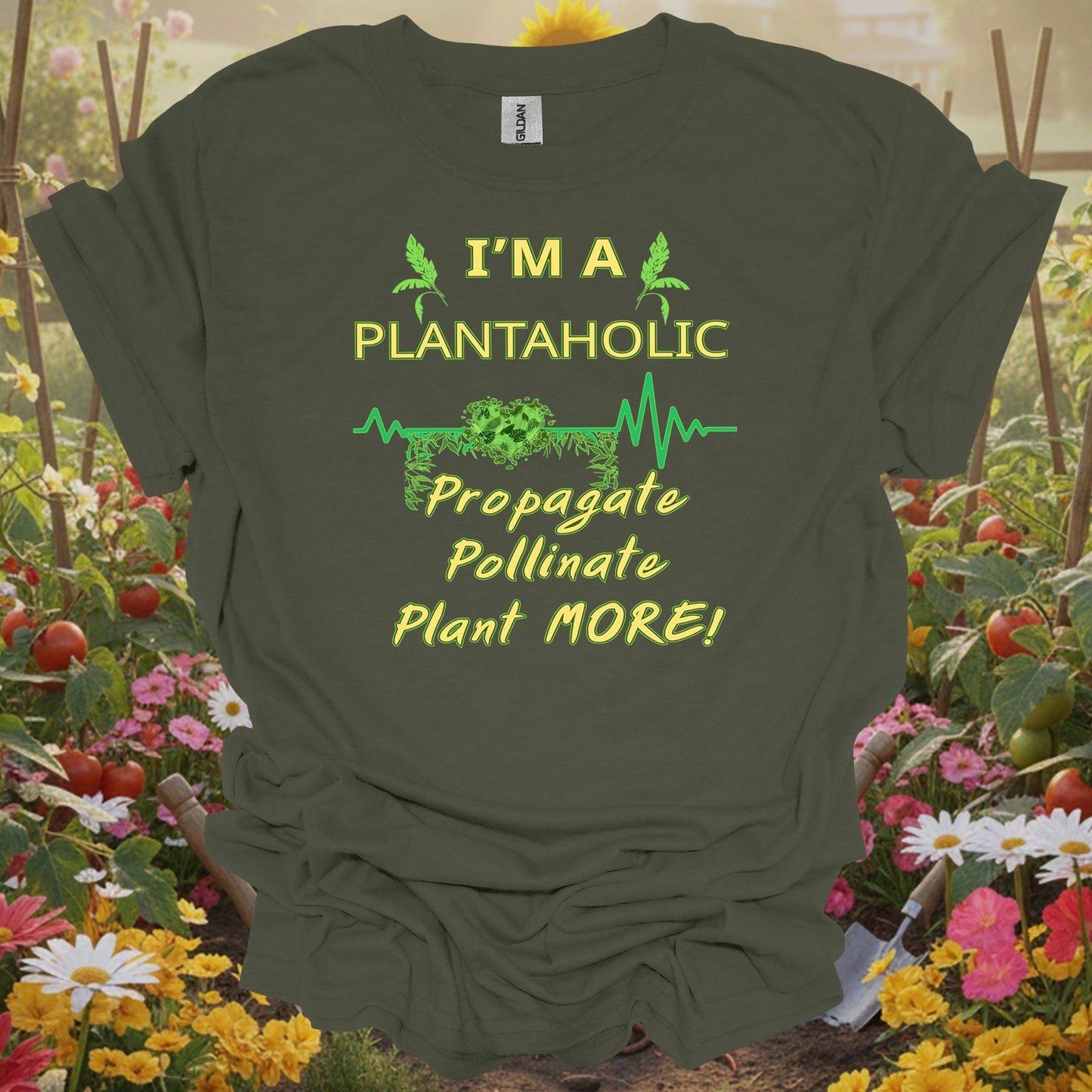 Military Green gardening tee with a retro-inspired storybook look that serves as a functional piece of art for any grower.