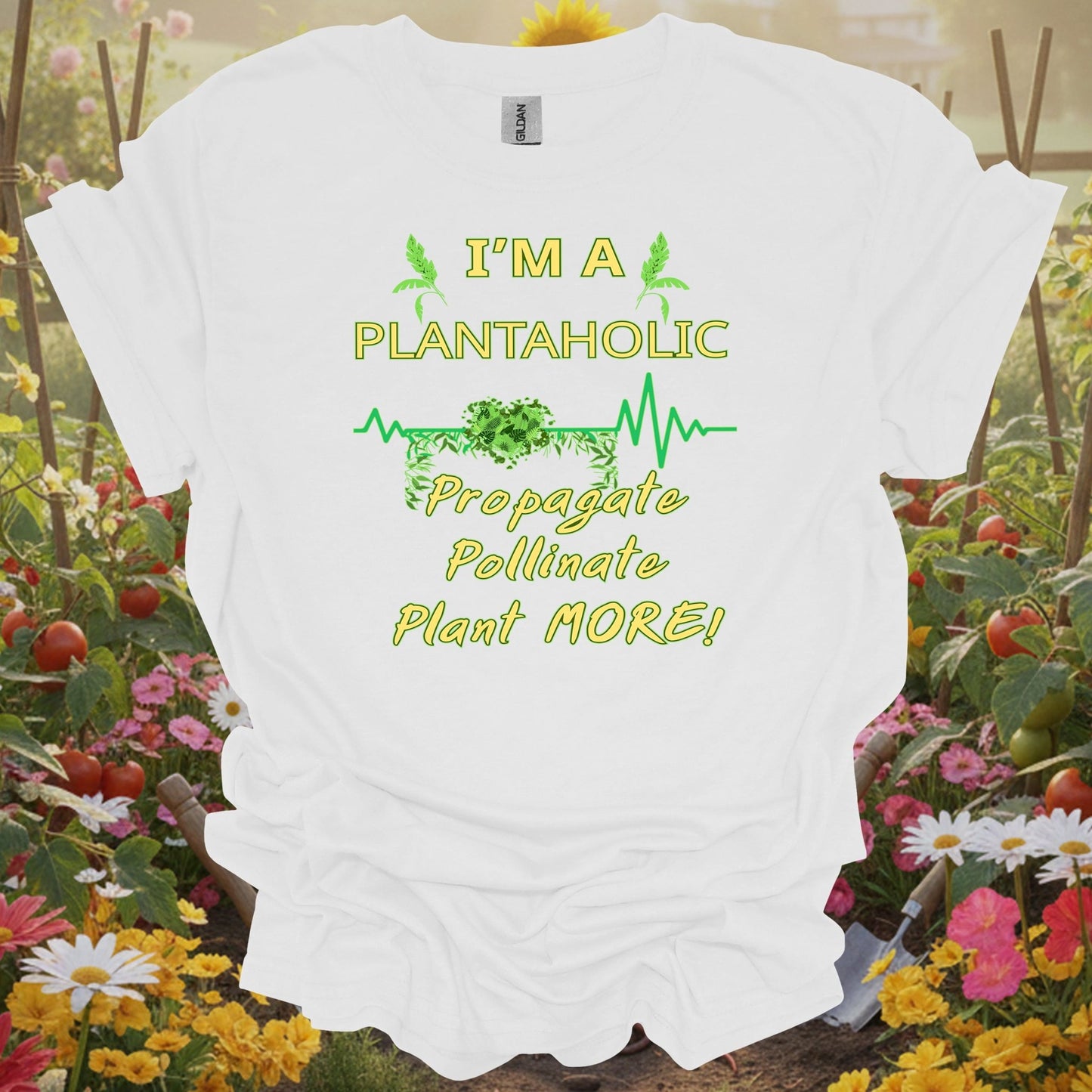 White shirt featuring a nostalgic plantaholic design on a classic tee for anyone who finds joy in their garden beds.