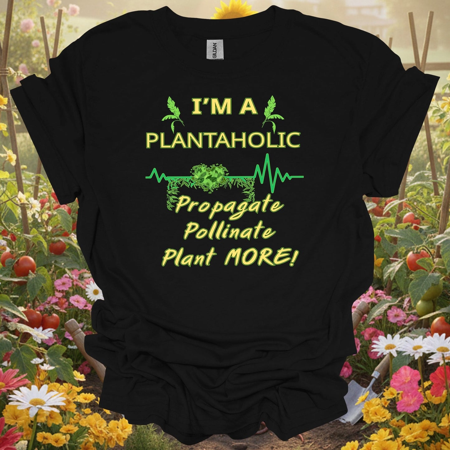 Black t-shirt with a vibrant plant more theme that fits a modern slow-living garden lifestyle and aesthetic.
