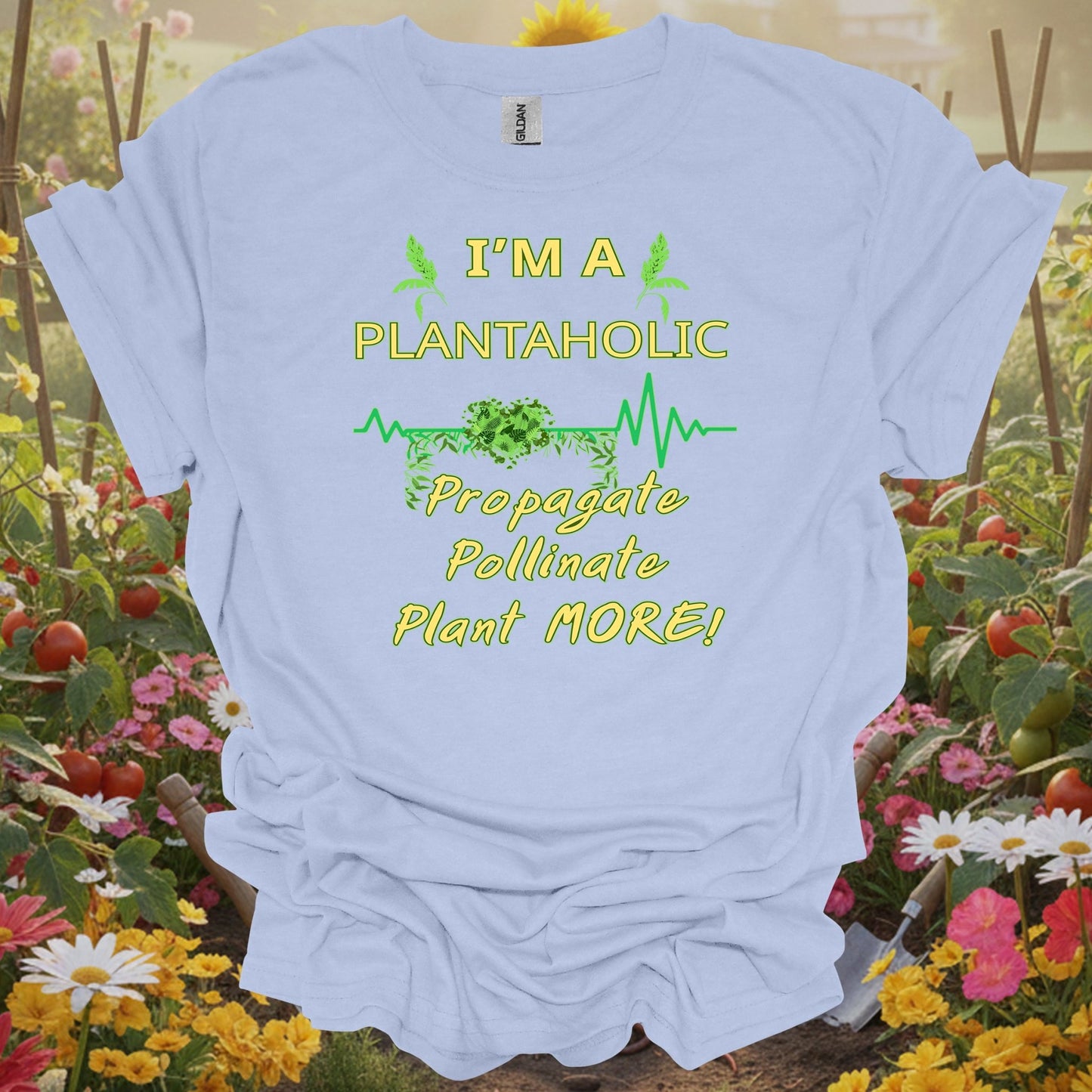 Light Blue shirt with a propagate and pollinate theme making a perfect gift T-shirt for any dedicated grower.