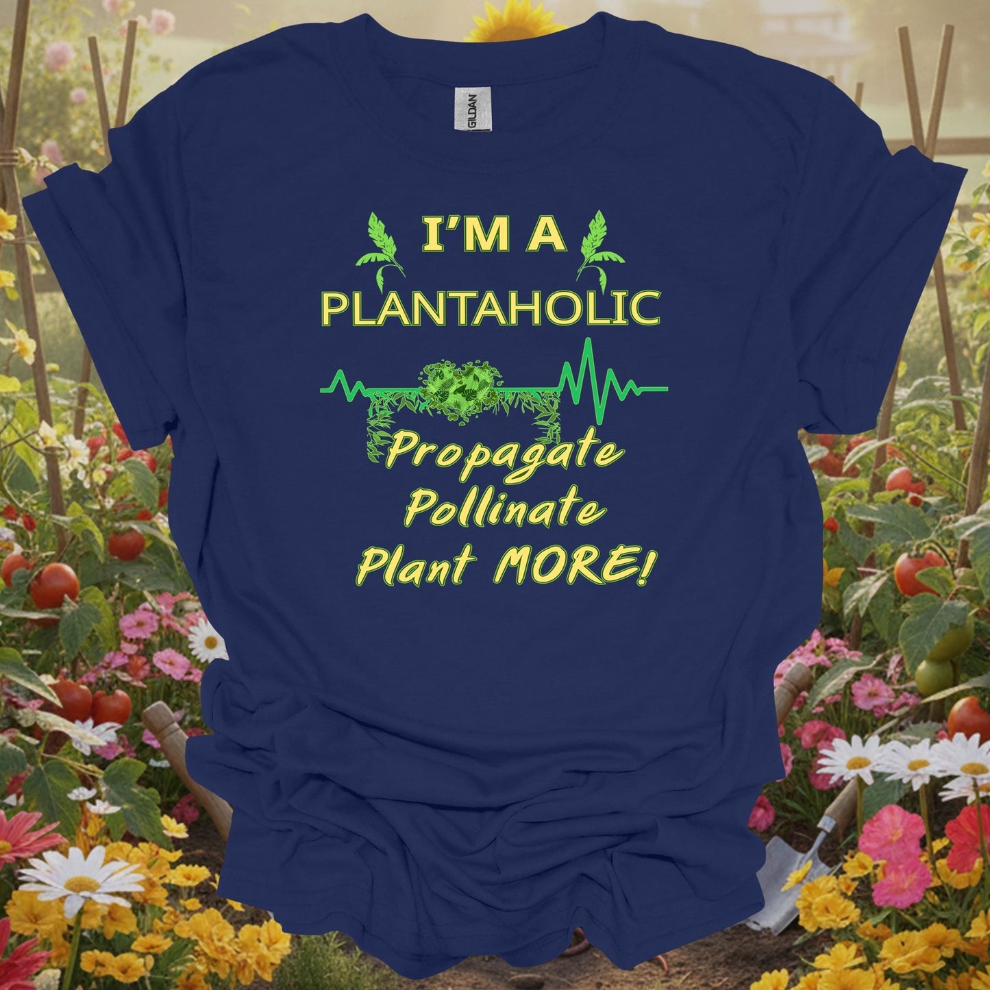 Navy top with a retro storybook garden graphic that captures a playful and mindful homesteading vibe for your T-shirt.