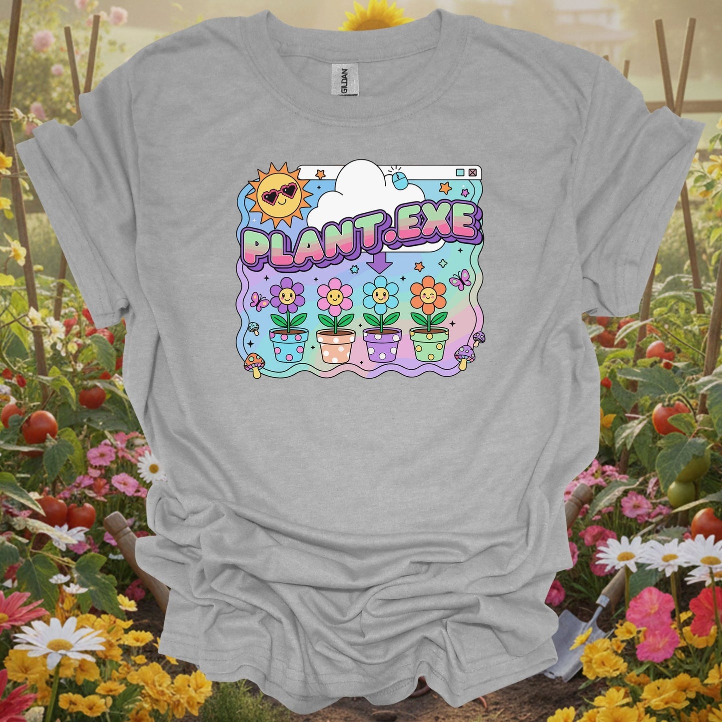 Sport gray tshirt showing retro plant.exe y2k funny floppy disk for gardeners who laugh