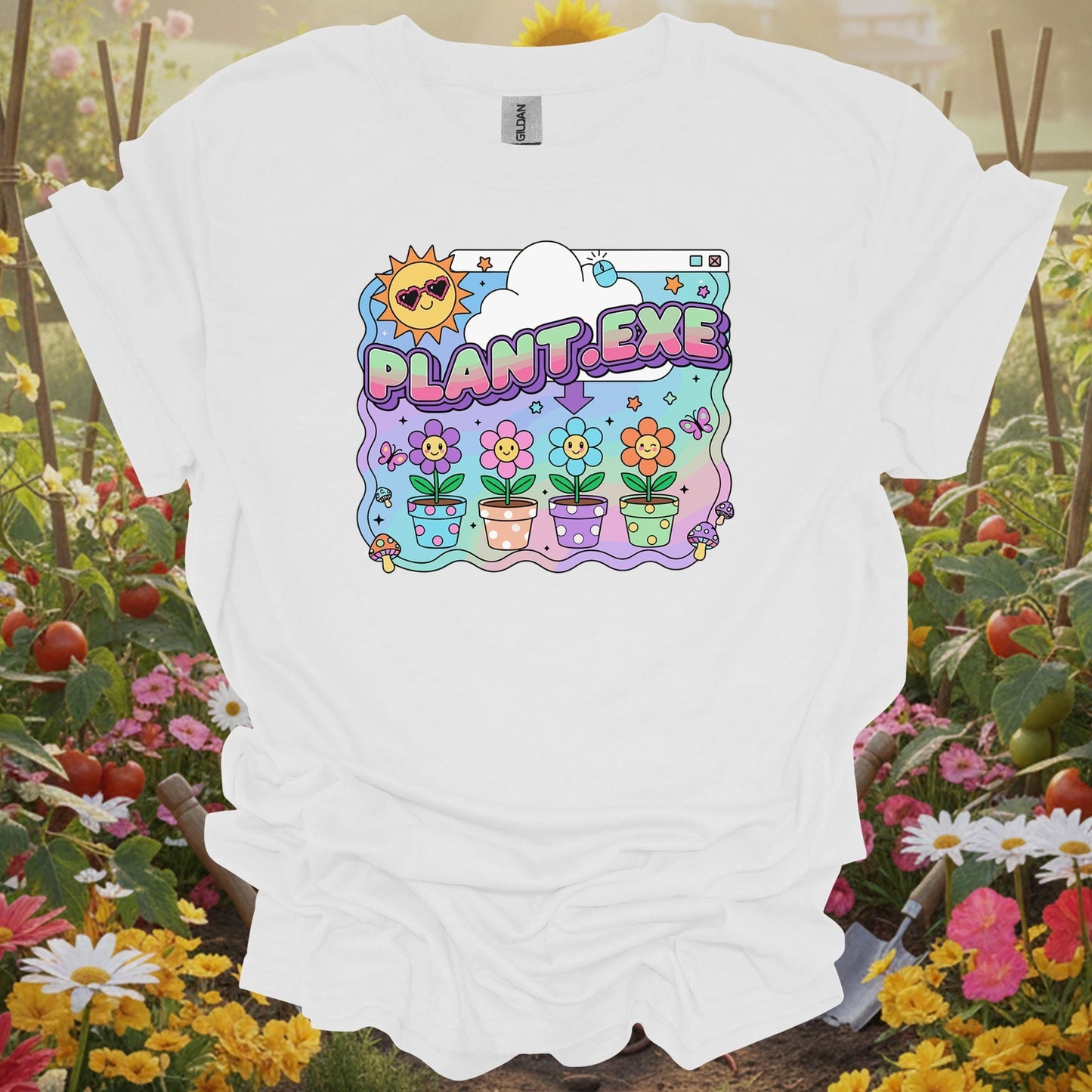 White tee showing retro plant.exe y2k funny floppy disk for lighthearted plant parents
