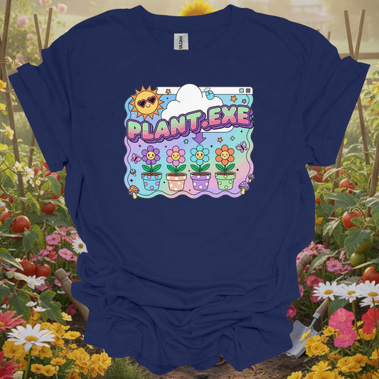 navy shirt showing retro plant.exe y2k funny floppy disk for gardeners with humor