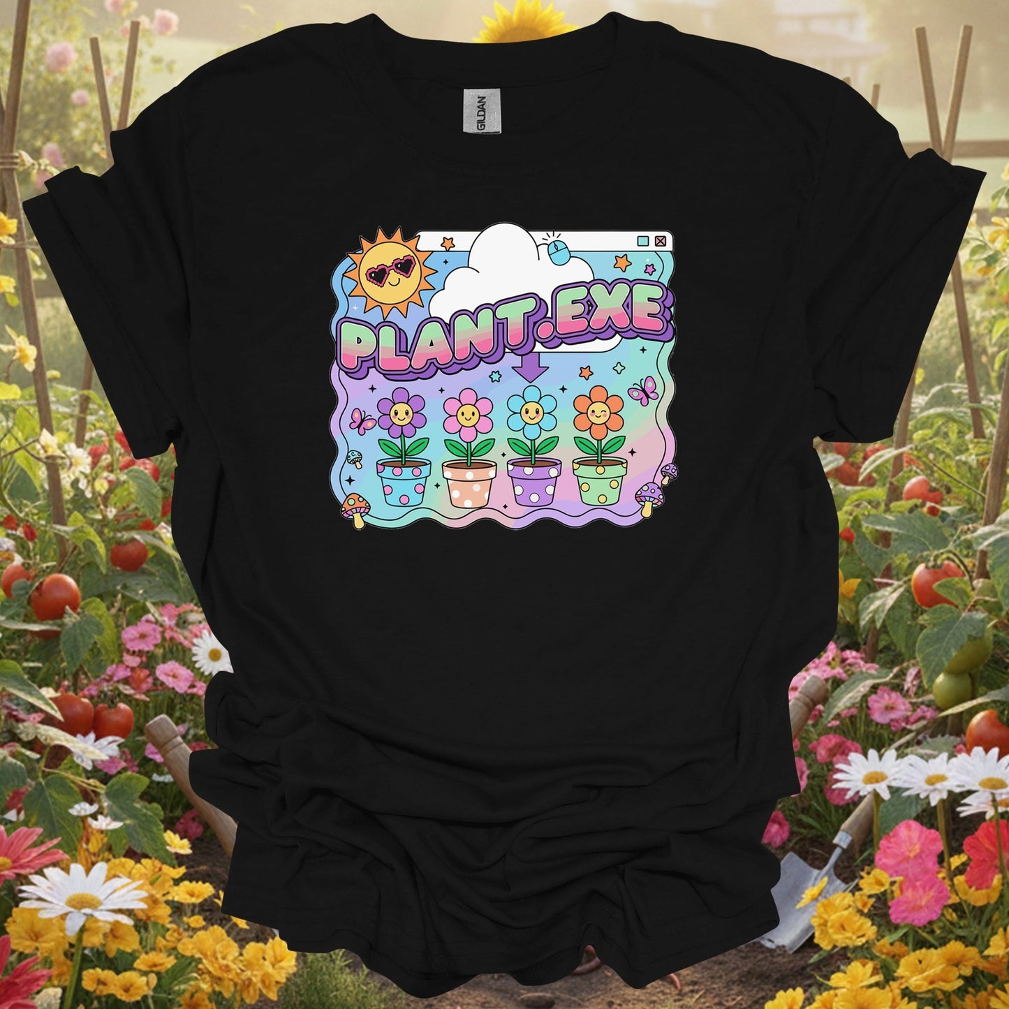 Black shirt showing retro plant.exe y2k funny floppy disk for folks who joke about gardening