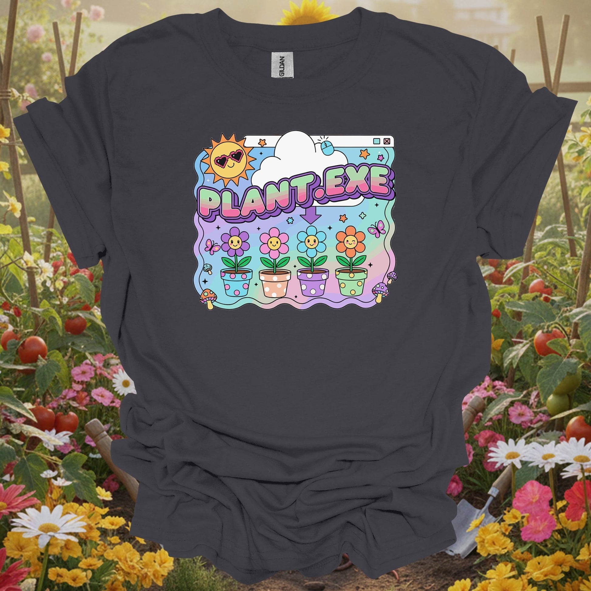 Charcoal tee showing retro plant.exe y2k funny floppy disk for folks who love garden puns