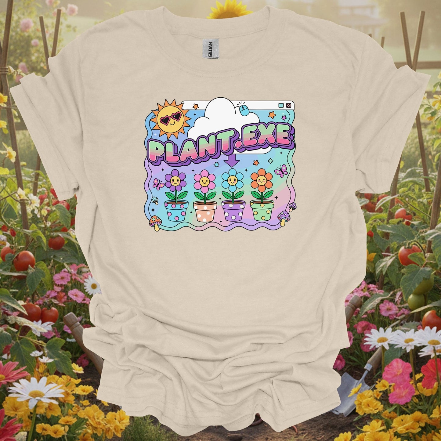 Natural tshirt showing retro plant.exe y2k funny floppy disk for people who find garden humor