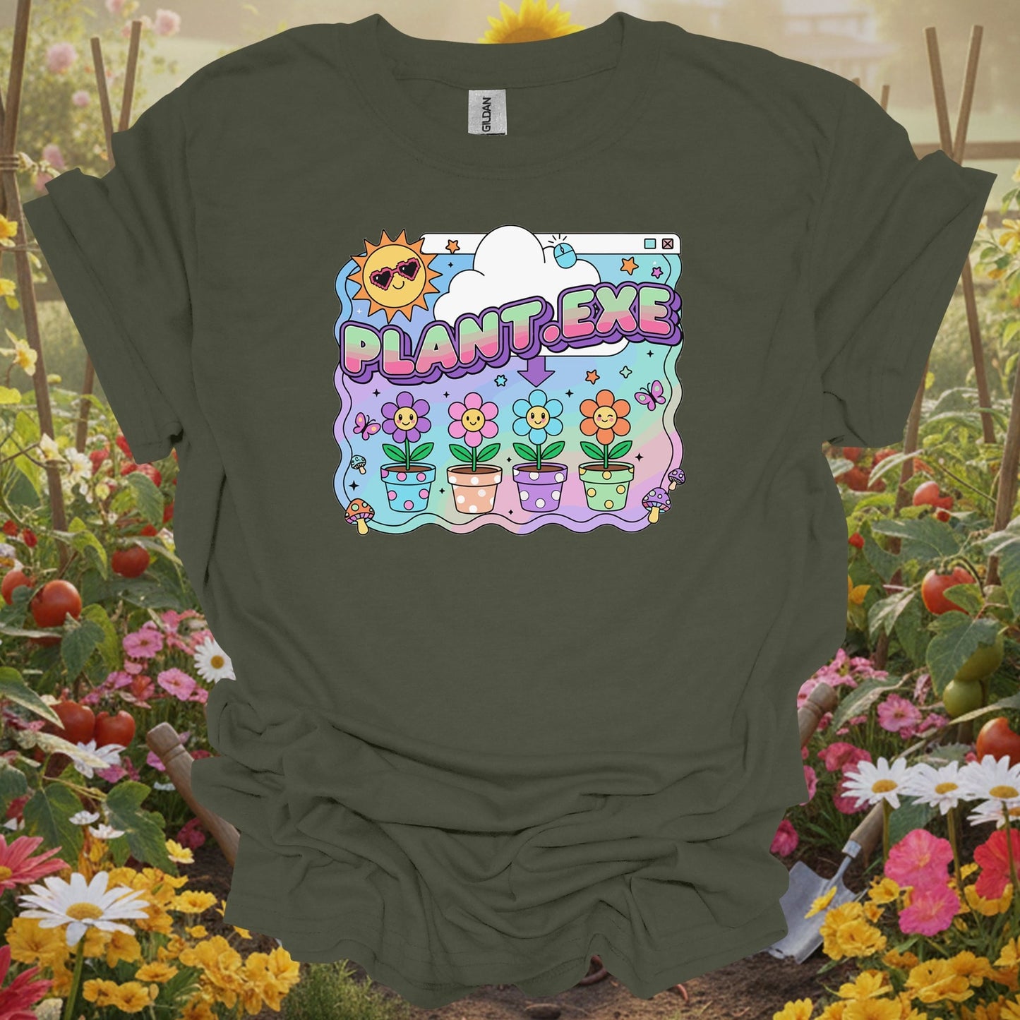 Military Green top showing retro plant.exe y2k funny floppy disk for humorous gardeners