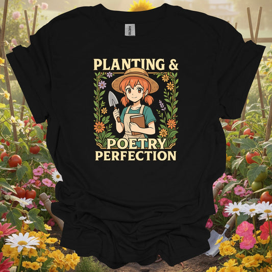 Black tshirt showing whimsical anime girl with poetry and plants for anime fans who garden