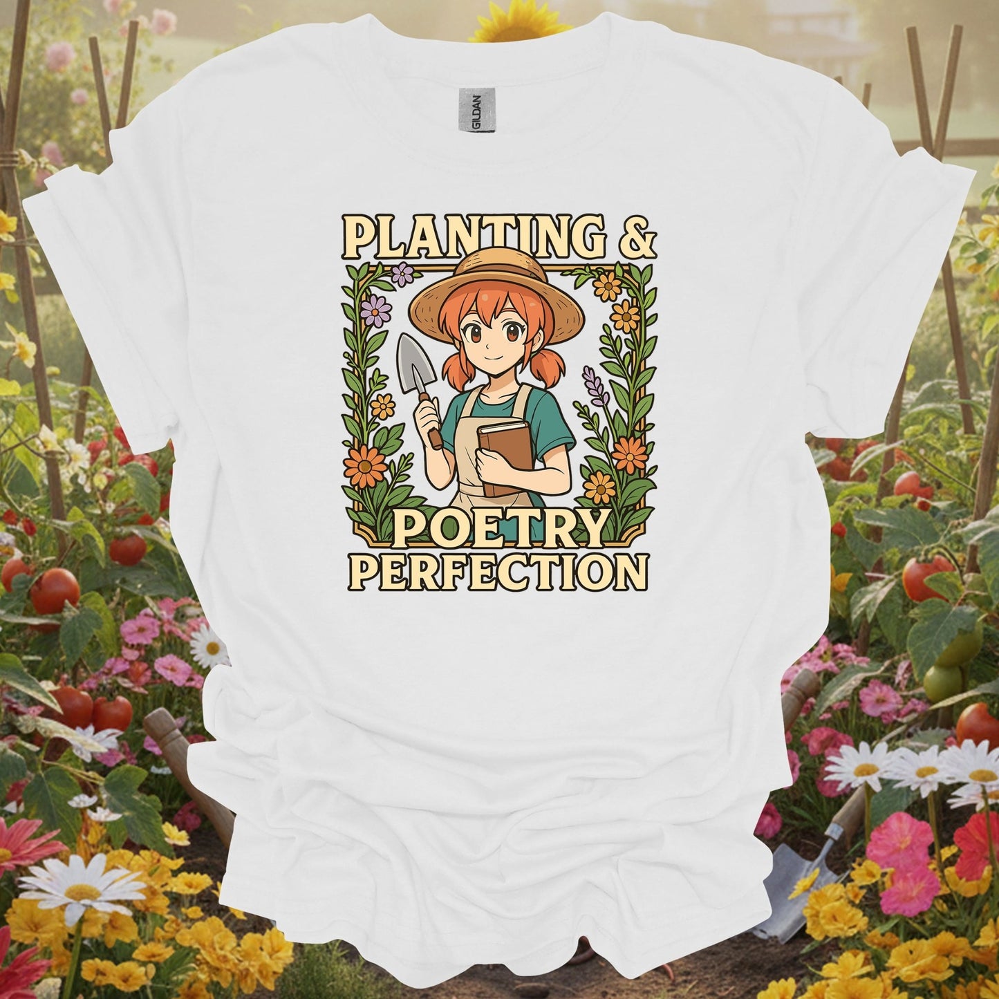 White shirt showing whimsical anime girl with poetry and plants for people who find inspiration in nature
