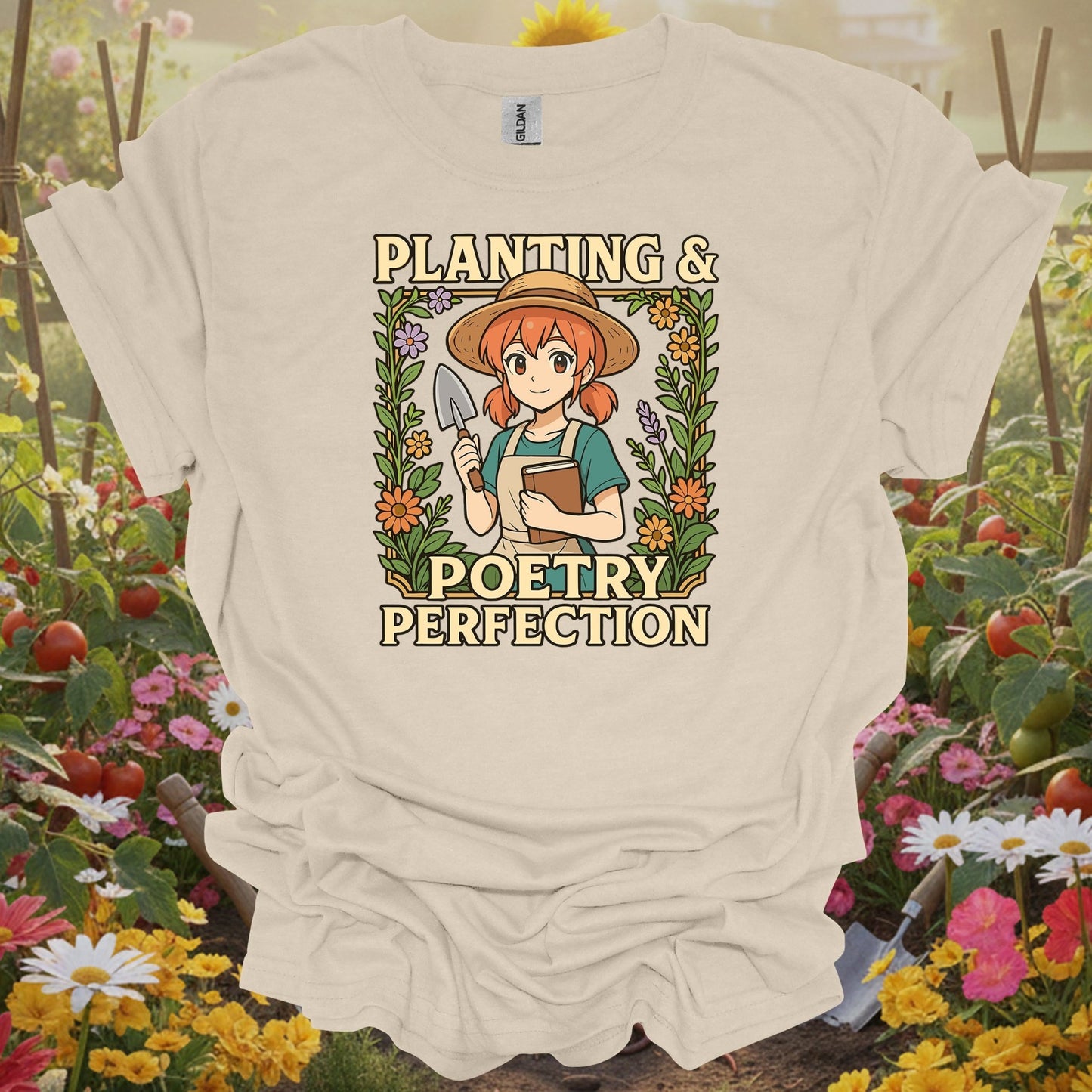 Natural tshirt showing whimsical anime girl with poetry and plants for gardeners with literary interests