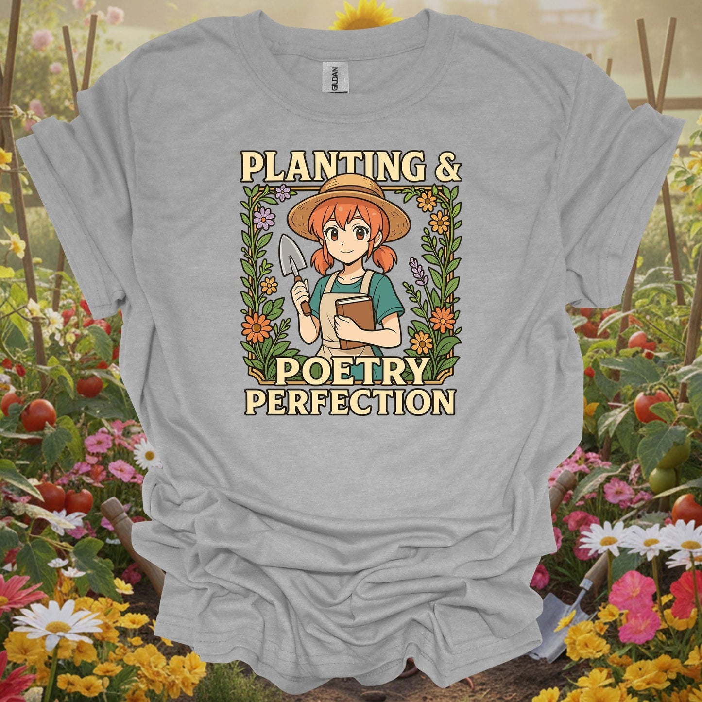 Sport Grey tee showing whimsical anime girl with poetry and plants for artistic growers