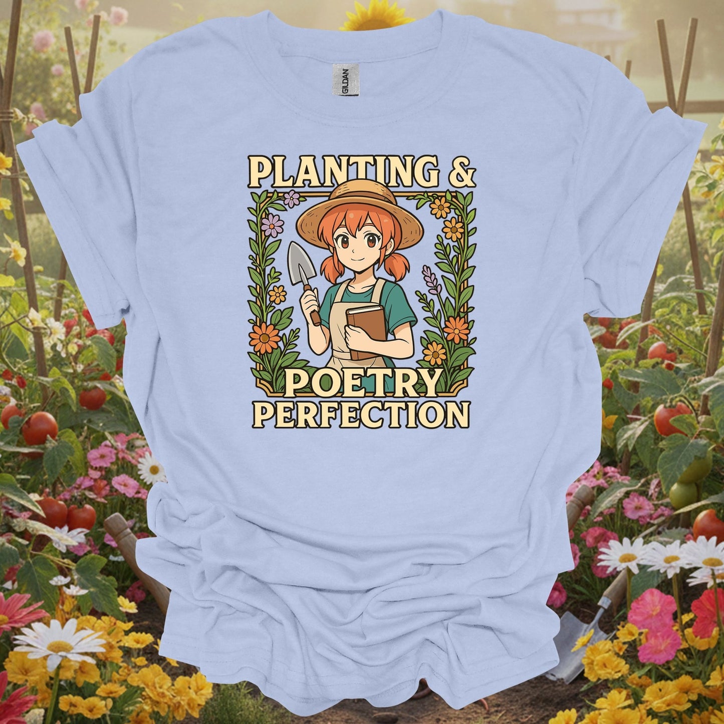 Light Blue shirt showing whimsical anime girl with poetry and plants for creative writers with gardens
