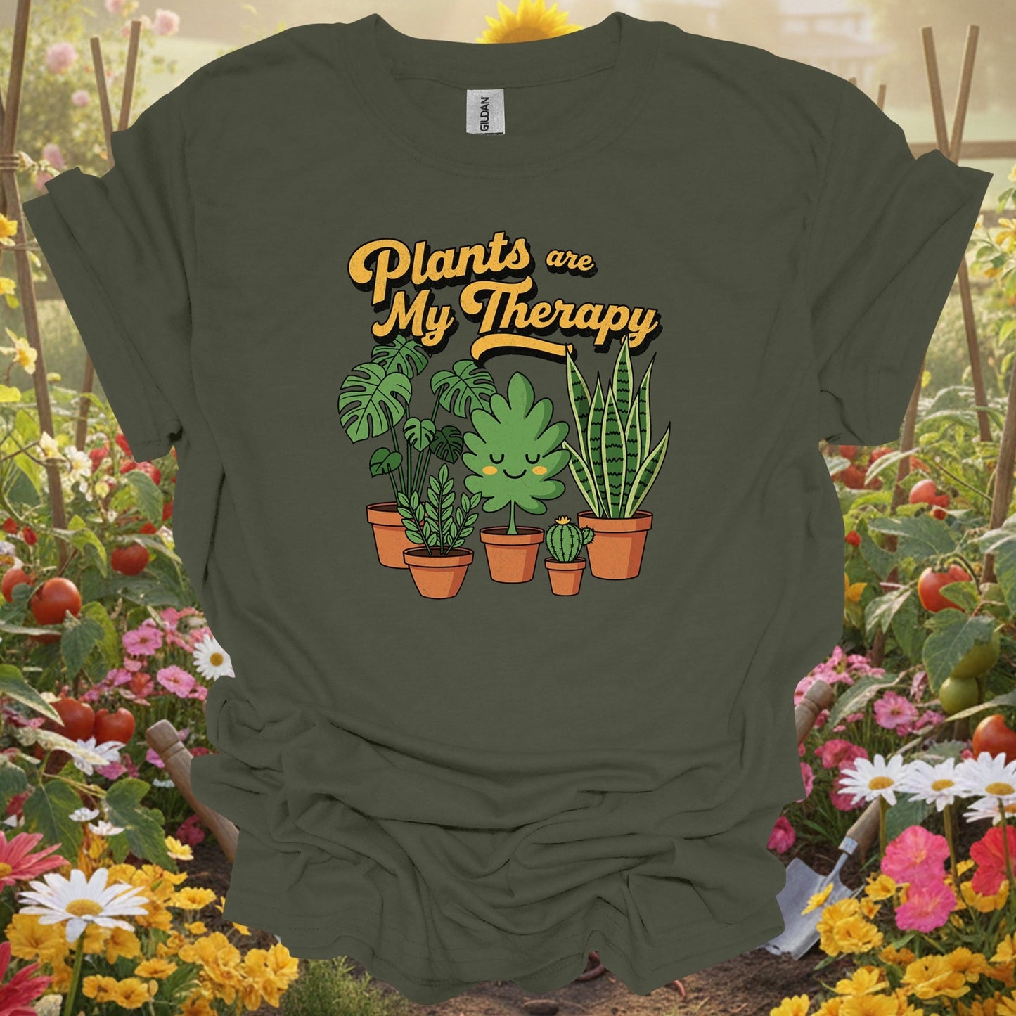 Military Green top showing plants are my therapy houseplant t shirt for nature lovers