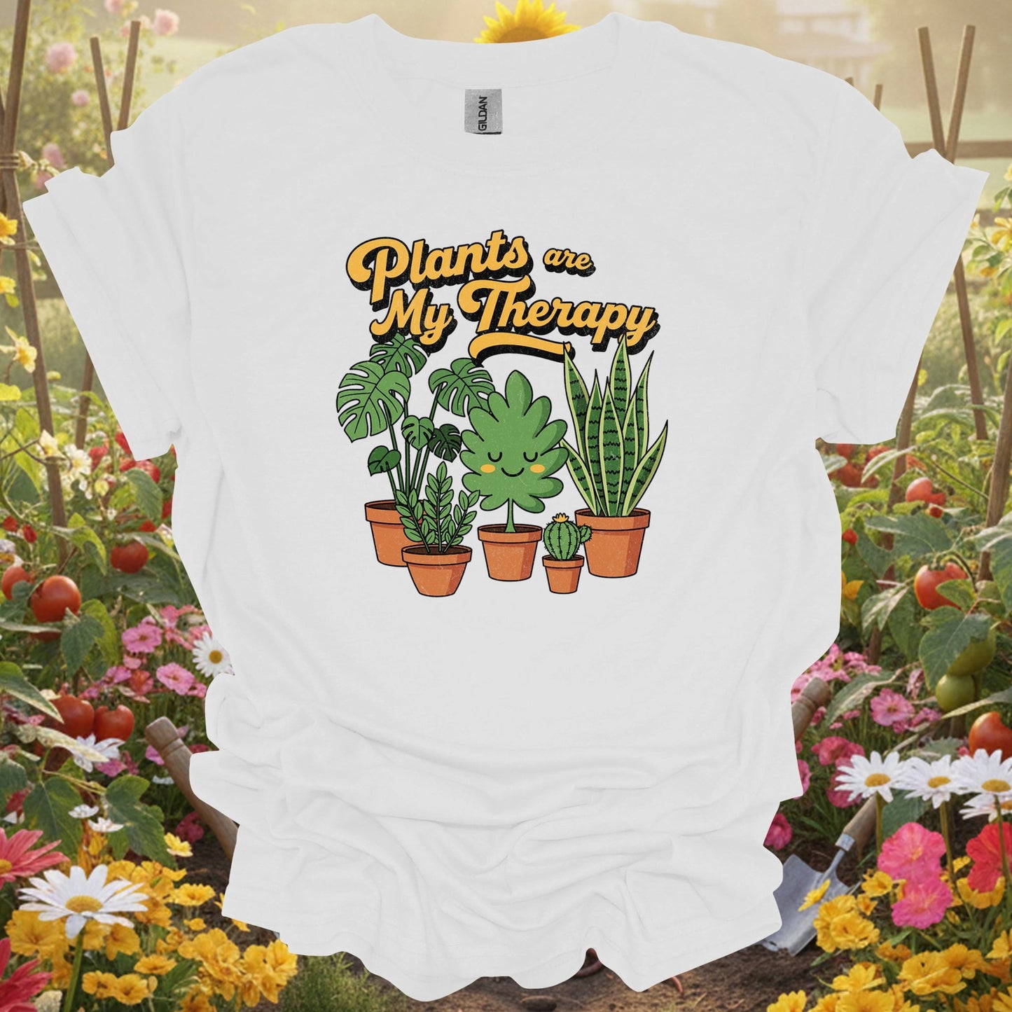 White tee showing plants are my therapy houseplant t shirt for garden hobbyists