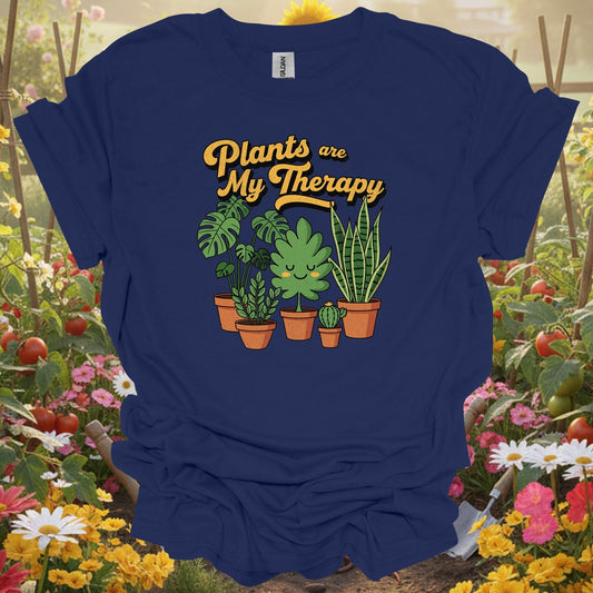 Navy tshirt showing plants are my therapy houseplant t shirt for gardening enthusiasts