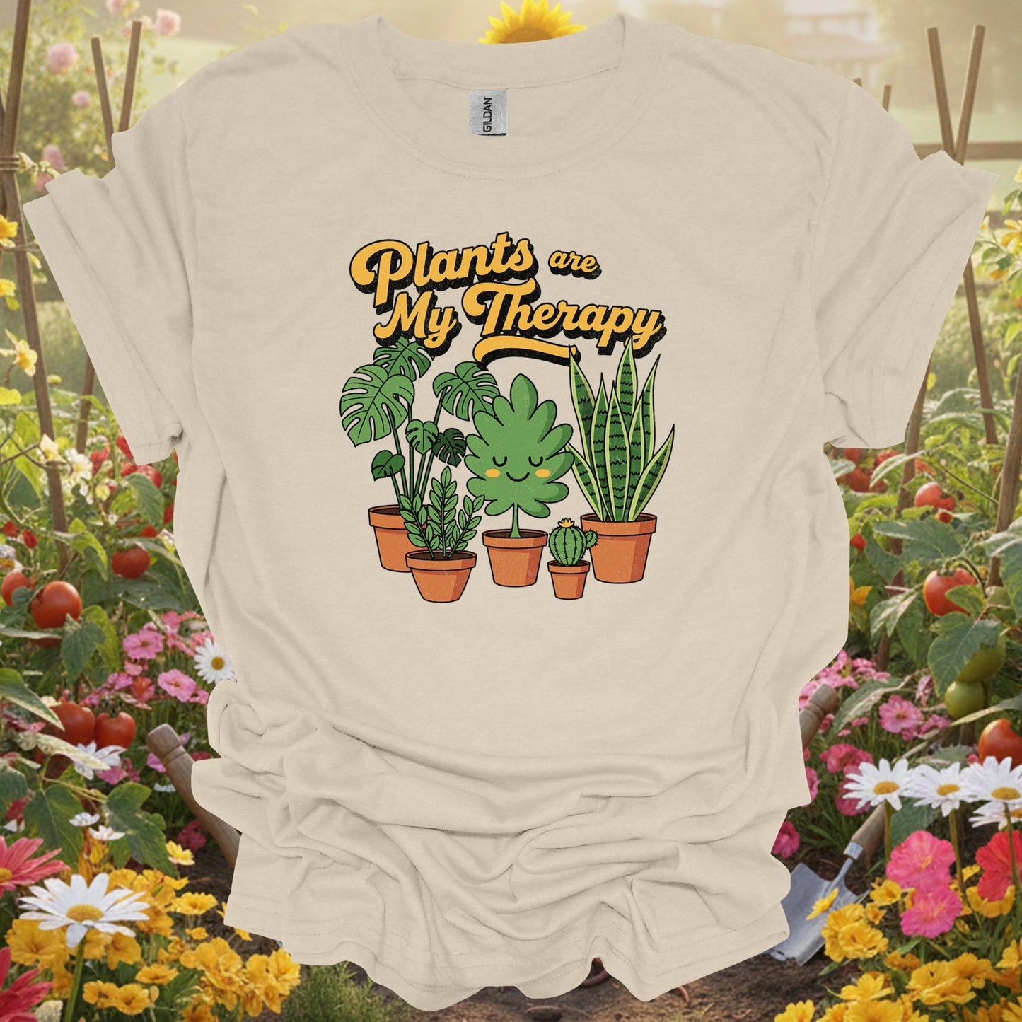 Natural tshirt showing plants are my therapy houseplant t shirt for people who love plants