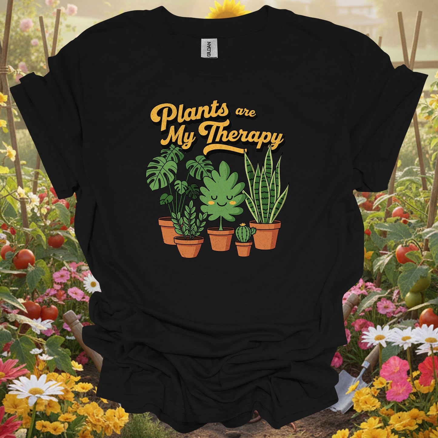 Black shirt showing plants are my therapy houseplant t shirt for outdoor enthusiasts
