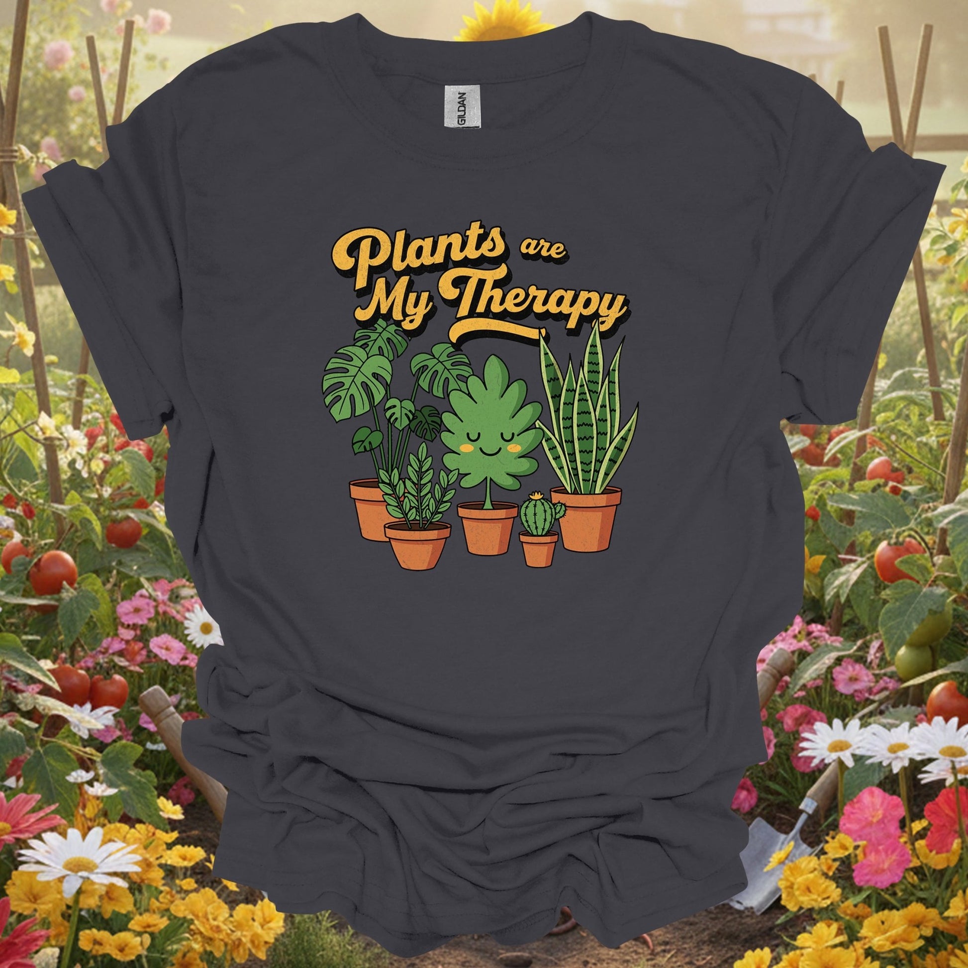 Charcoal tee showing plants are my therapy houseplant t shirt for plant lovers