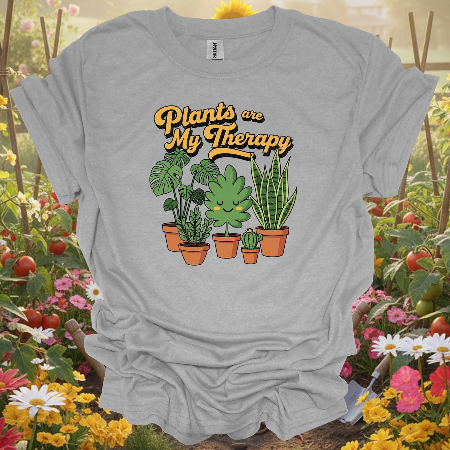 Sport Grey tshirt showing plants are my therapy houseplant t shirt for backyard growers