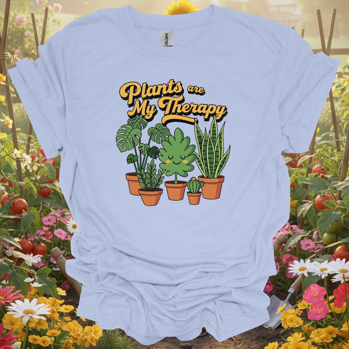 Light Blue shirt showing plants are my therapy houseplant t shirt for home gardeners