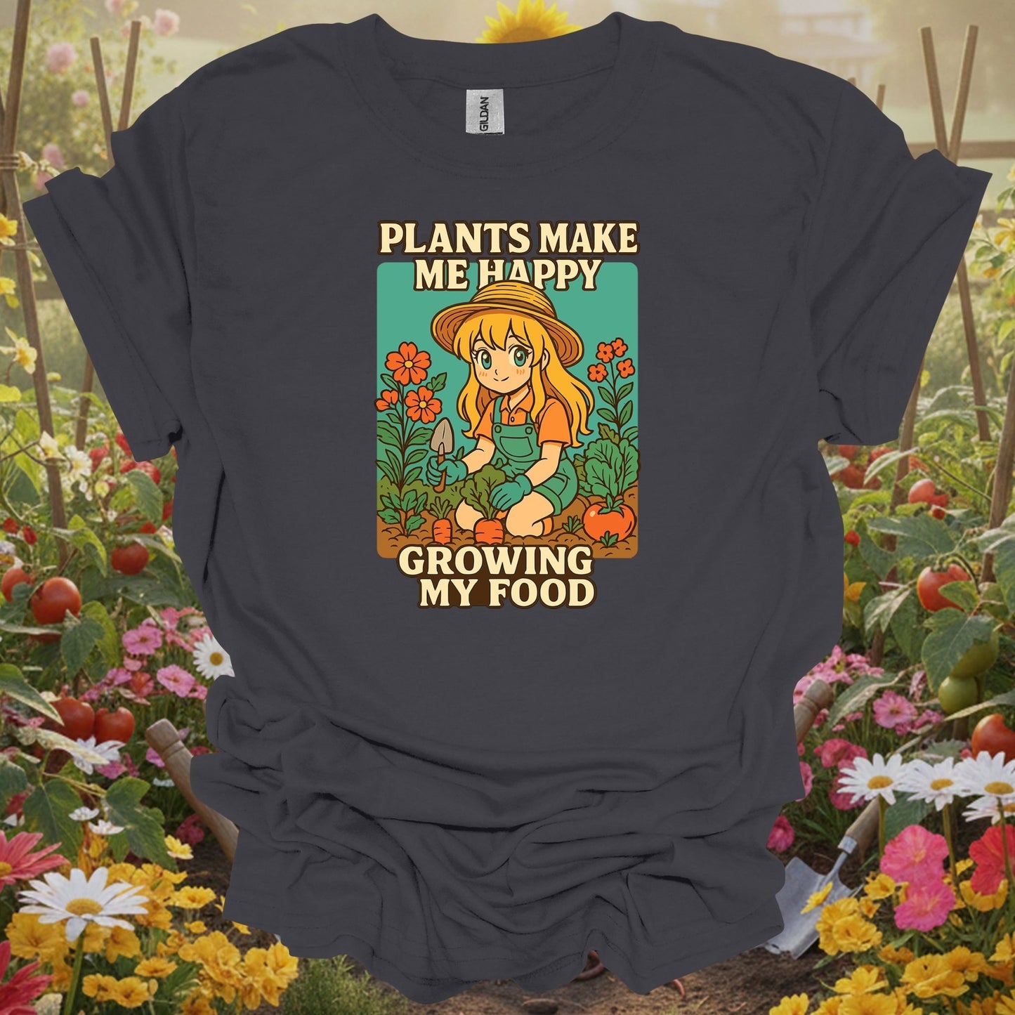 Charcoal tee showing plants make me happy growing my food anime for plant lovers