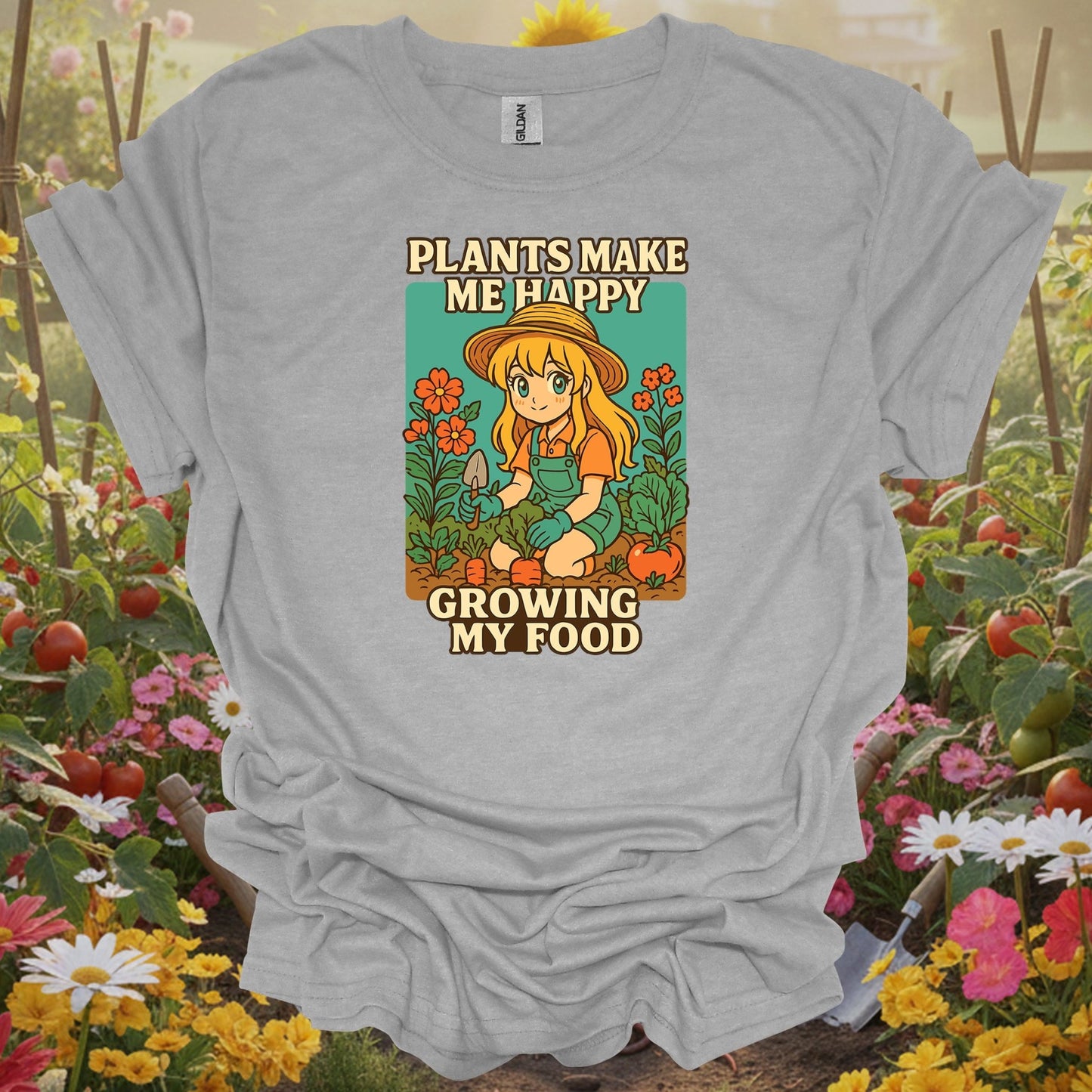 Sport Grey tshirt showing plants make me happy growing my food anime for backyard growers