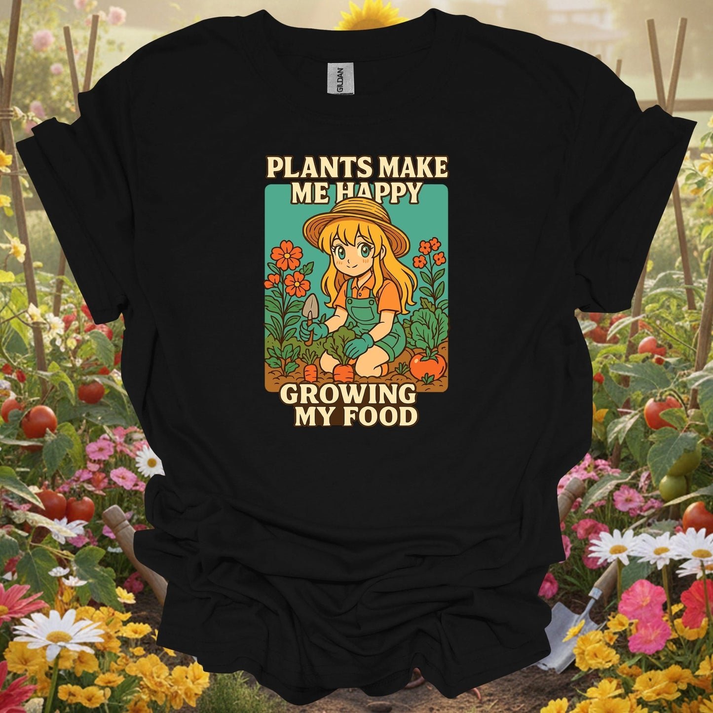 Black shirt showing plants make me happy growing my food anime for outdoor enthusiasts