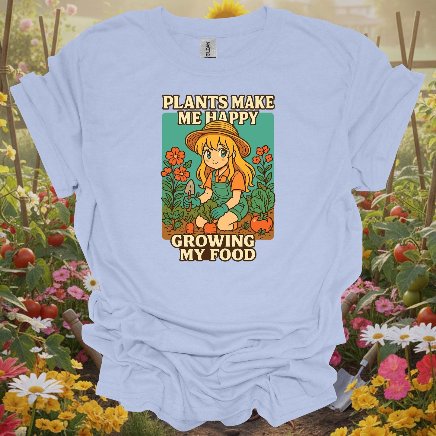 Light Blue shirt showing plants make me happy growing my food anime for home gardeners
