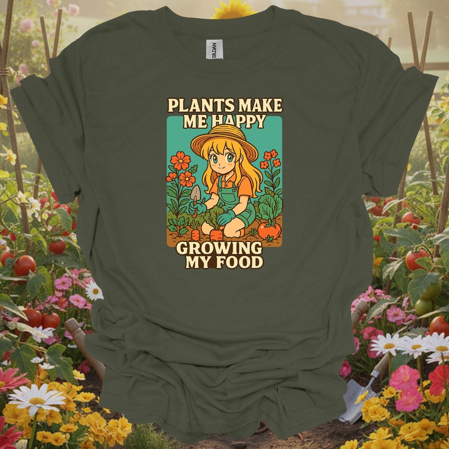 Military Green top showing plants make me happy growing my food anime for nature lovers
