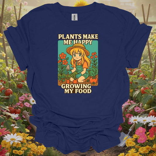 Navy tshirt showing plants make me happy growing my food anime for gardening enthusiasts
