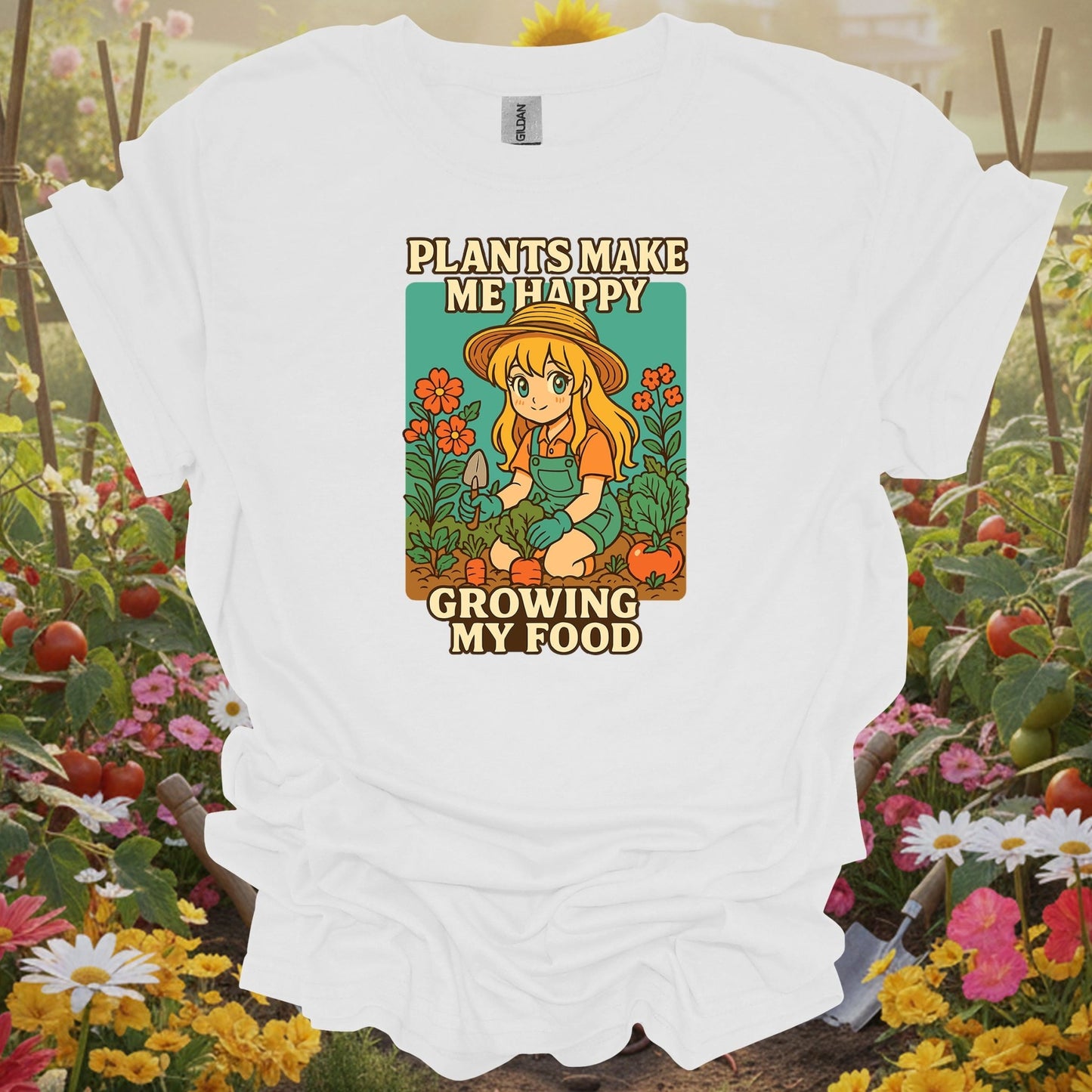 White tee showing plants make me happy growing my food anime for garden hobbyists
