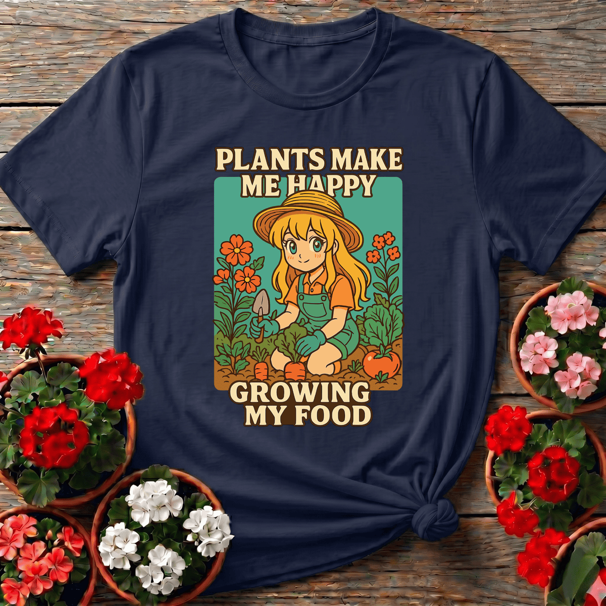 Navy vintage anime top with "Plants Make Me Happy Growing My Food" for food garden enthusiasts